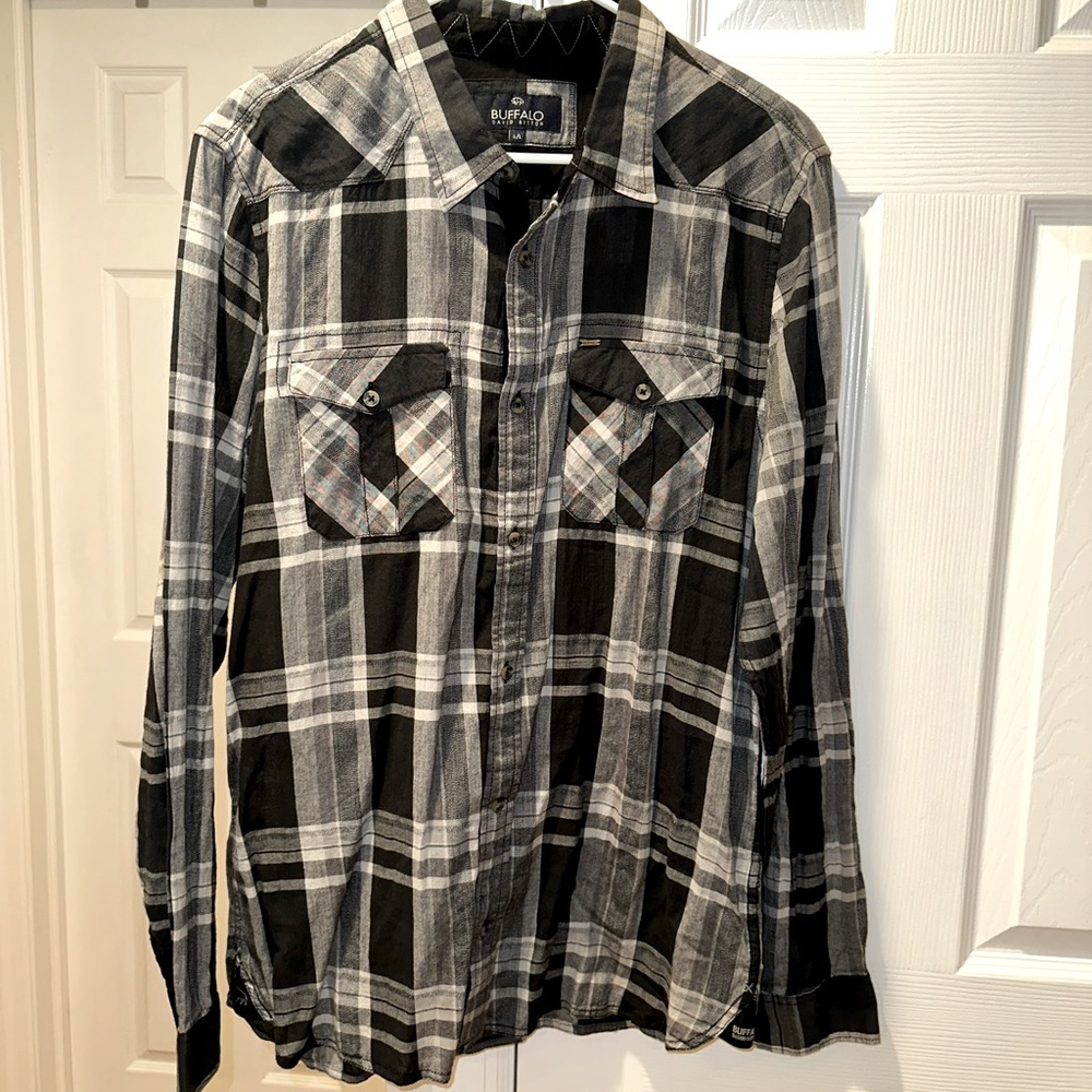 Buffalo David Bitton Full Button Down Plaid Shirt - Men’s- Large- Black/White